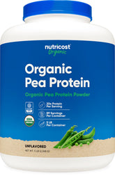 Nutricost envase frontal de proteína de guisante orgánica mostrando tamaño y marca como opción vegana