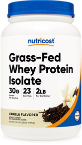 Nutricost envase frontal de 2 libras mostrando sabor vainilla y beneficios claros