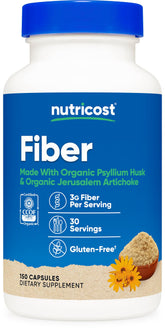 Nutricost frasco frontal mostrando 150 cápsulas y certificación CCOF