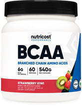 Nutricost envase frontal BCAA fresa kiwi mostrando porciones y sello GMP