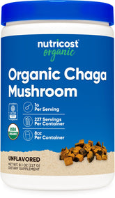 Nutricost vista frontal del envase de chaga, muestra claridad de marca y ventaja orgánica