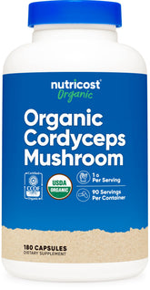 Nutricost frasco frontal Cordyceps mostrando etiqueta clara y beneficios
