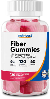 Nutricost frasco frontal Fiber Gummies berry mostrando tapa y etiqueta clara