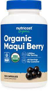 Nutricost envase frontal de Maqui Berry orgánico mostrando certificaciones y beneficio de pureza