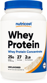 Nutricost envase frontal de Whey Protein Concentrate sin sabor muestra pureza y cantidad