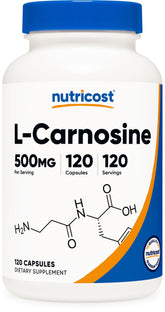 Nutricost frasco frontal con L-Carnosine mostrando dosis clara