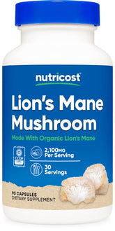 Nutricost frasco frontal de Lion's Mane mostrando diseño y cantidad de cápsulas