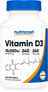 Nutricost envase frontal de Vitamin D3 mostrando cantidad y dosis, confianza en marca