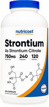 Nutricost frasco frontal mostrando 240 cápsulas y texto claro de beneficios