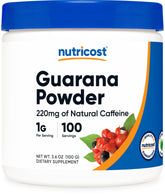 Nutricost envase frontal de guaraná mostrando tamaño y diseño, energía controlada