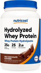 Envase Nutricost Hydrolyzed Whey Chocolate mostrando diseño y tamaño, ideal para soporte proteico