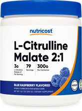 Nutricost envase frontal mostrando 300 g y sabor blue raspberry, conveniencia de 86 porciones