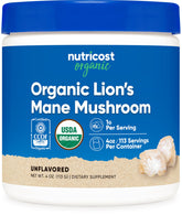 Nutricost frasco frontal del polvo Lion's Mane mostrando etiqueta y beneficio orgánico