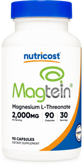 Botella Nutricost Magtein Magnesio L-treonato vista frontal, envase claro y cantidad