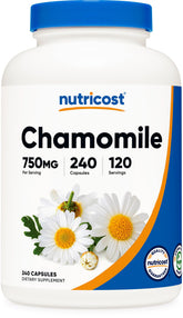 Nutricost manzanilla frente del envase mostrando cantidad y beneficios