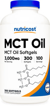 Nutricost frasco frontal con 300 cápsulas blandas MCT, presentación práctica y segura