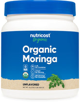Nutricost envase frontal de moringa orgánica mostrando etiqueta y certificación