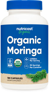 Nutricost frasco frontal mostrando 180 cápsulas y beneficios de conveniencia