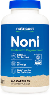 Nutricost frasco de Noni 240 cápsulas mostrando presentación y beneficios