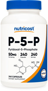 Nutricost frasco P5P al frente mostrando diseño y ventaja de 240 cápsulas