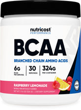 Nutricost bote frontal mostrando sabor frambuesa-limón y beneficios de recuperación