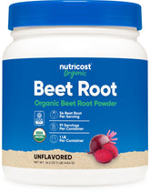 Nutricost envase frontal de polvo de remolacha mostrando tamaño y sello orgánico