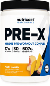 Nutricost envase frontal durazno mango mostrando diseño y beneficio energético