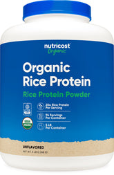 Nutricost envase frontal de proteína de arroz orgánica mostrando tamaño 5 LB y ventaja de rendimiento