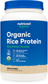 Nutricost envase frontal de proteína de arroz, presentación clara y beneficios