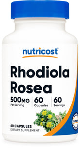 Nutricost envase frontal de Rhodiola Rosea 500 mg mostrando diseño y cantidad