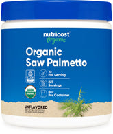 Nutricost envase frontal de Saw Palmetto orgánico mostrando etiqueta y beneficios
