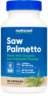 Nutricost Saw Palmetto frasco frontal mostrando contenido y beneficios