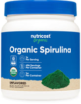 Nutricost envase frontal de spirulina orgánica mostrando cantidad y diseño
