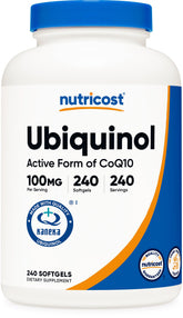 Nutricost Ubiquinol frasco frontal mostrando 240 cápsulas y beneficio de suministro prolongado