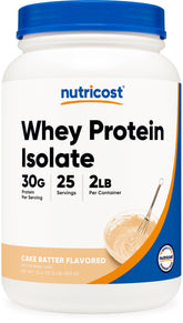 Nutricost Whey Protein Isolate frente del paquete mostrando tamaño y sabor Cake Batter