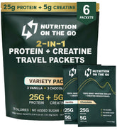 Nutrition On The Go frente del pack mostrando 6 sobres y beneficios portátiles