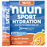 Nuun All Out Orange vista frontal mostrando 16 sobres, hidratación portátil