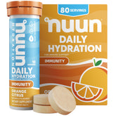 Nuun caja frontal mostrando diseño y sabor cítrico naranja, fácil identificación