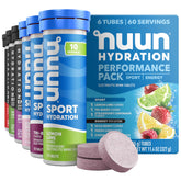 Nuun paquete frontal seis tubos mostrando variedad de sabores y conveniencia