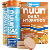 Nuun envase frontal mostrando tubos y sabores, práctico y portable