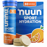 Nuun paquete frontal naranja mostrando tubos portátiles y 80 raciones