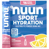 Nuun frente del paquete Pink Lemonade mostrando 16 sobres y conveniencia