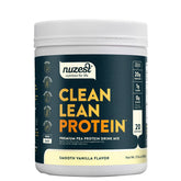 Nuzest envase frontal mostrando marca y sabor vainilla, claridad del producto