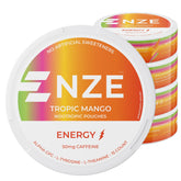 NZE lata frontal Tropic Mango mostrando diseño y portabilidad