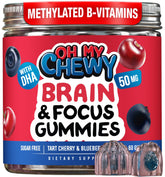 OH MY CHEWY frente del empaque con información de ingredientes clave y beneficios