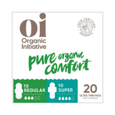 Oi empaque frontal mostrando 20 compresas y beneficios orgánicos