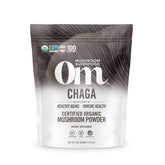 OM MUSHROOM SUPERFOOD frente del empaque mostrando sello orgánico y porciones