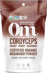 OM MUSHROOM SUPERFOOD frontal del empaque mostrando certificaciones y beneficio energético