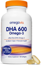 OmegaVia frontal del envase mostrando DHA 600 mg y volumen