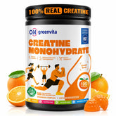 ON GREENVITA NUTRITION frasco frontal mostrando cantidad y sabor naranja, facilita dosificación